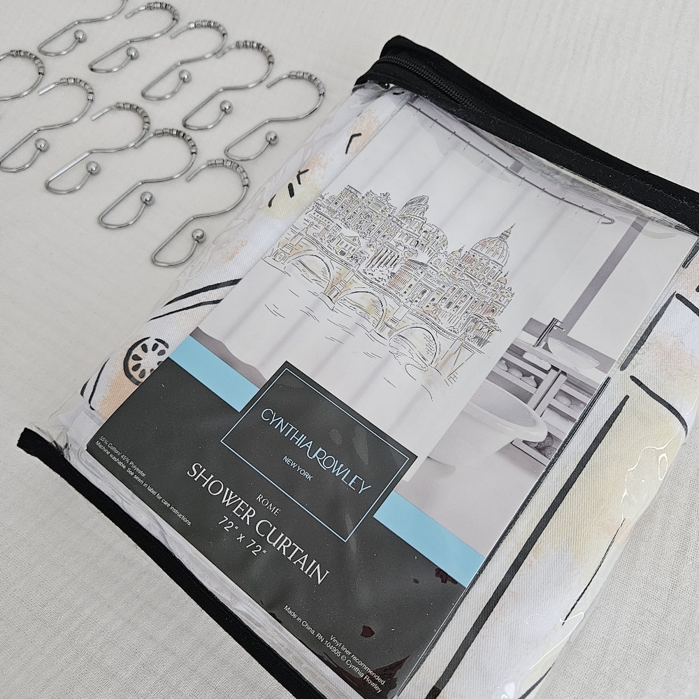 LIKE NEW: Cynthia Rowley ROME shower curtain + hooks!